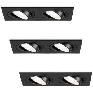 HOFTRONIC Set van 3 Mallorca dubbele LED inbouwspots vierkant – Kantelbaar – 6000K Daglicht wit – GU10 – 5 Watt – Rechthoekig – GU10 verwisselbare lichtbron – Plafondspot voor binnen – Zwart