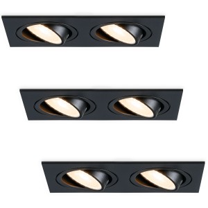 HOFTRONIC Set van 3 Mallorca dubbele LED inbouwspots vierkant – Kantelbaar – 2700K Warm wit – GU10 – 5 Watt – Rechthoekig – GU10 verwisselbare lichtbron – Plafondspot voor binnen – Zwart