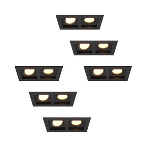 HOFTRONIC Set van 6 Fresno Dubbele Inbouwspots – Rechthoek – 2x GU10 – 2700K Warm wit – 10 Watt 800 lumen – Kantelbaar – IP20 stofdicht- Zwart – Met kabelconnectoren