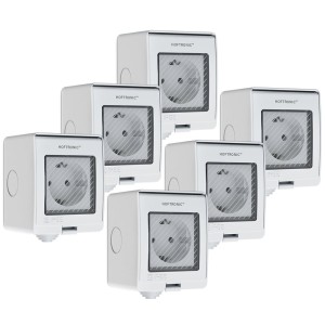 HOFTRONIC Set van 6 slimme Buitenstopcontacten – IP55 voor binnen en buiten – Slimme stekker WiFi + Bluetooth – Bediening via App – Compatibel met Google Home & Alexa