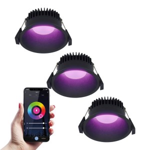 HOFTRONIC SMART 3x Finn Smart LED inbouwspot – 10 Watt – Plafondspot – RGBWW – WiFi + Bluetooth – 630 Lumen – Binnen & buiten – Verzonken spot – Amazon Alexa + Google Assist – Zwart