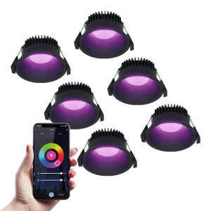 HOFTRONIC SMART 6x Finn Smart LED inbouwspot – 10 Watt – Plafondspot – RGBWW – WiFi + Bluetooth – 630 Lumen – Binnen & buiten – Verzonken spot – Amazon Alexa + Google Assist – Zwart