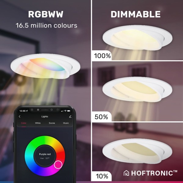 Hoftronic smart smart wifi led inbouwspot luna rgb 5