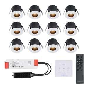 HOFTRONIC 12x Olivia – Mini 12V LED inbouwspot wit met trafo en muurdimmer – Verzonken – 3 Watt – Dimbaar – IP44 waterdicht voor buiten – 2700K Warm wit – Lage inbouwdiepte 36mm – Voor veranda, badkamer, carport en binnenruimtes