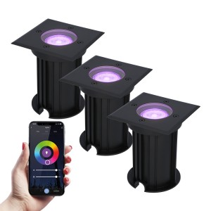 HOFTRONIC 3x Ramsay Smart LED grondspot – Vierkant – Zwart – RGBWW – 5.5 Watt – WiFi & Bluetooth – IP67 straal waterdicht – 3 jaar garantie