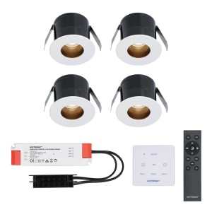 HOFTRONIC 4x Olivia – Mini 12V LED inbouwspot wit met trafo en muurdimmer – Verzonken – 3 Watt – Dimbaar – IP44 waterdicht voor buiten – 2700K Warm wit – Lage inbouwdiepte 36mm – Voor veranda, badkamer, carport en binnenruimtes