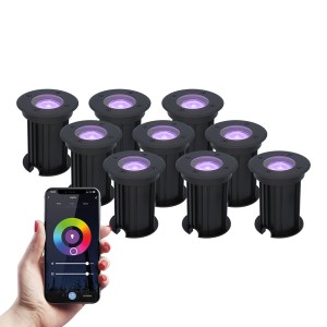 HOFTRONIC 9x Maisy dimbare LED grondspot – Rond – Zwart – RGBWW – 5.5 Watt – WiFi & Bluetooth – IP67 straal waterdicht – 3 jaar garantie