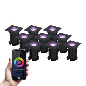 HOFTRONIC 9x Ramsay Smart LED grondspot – Vierkant – Zwart – RGBWW – 5.5 Watt – WiFi & Bluetooth – IP67 straal waterdicht – 3 jaar garantie