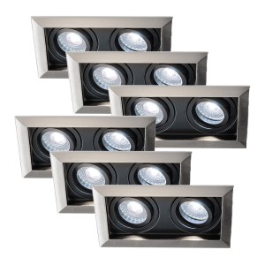 HOFTRONIC Set van 6 Durham Inbouwspots Dubbel RVS – GU10 5 Watt 400 lumen – 6000K Daglicht wit – Kantelbaar – IP20 – Rechthoek