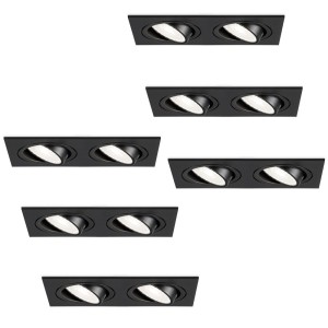 HOFTRONIC Set van 6 Mallorca dubbele LED inbouwspots vierkant – Kantelbaar – 6000K Daglicht wit – GU10 – 5 Watt – Rechthoekig – GU10 verwisselbare lichtbron – Plafondspot voor binnen – Zwart