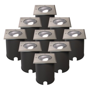 HOFTRONIC Set van 9 Cody LED Grondspots RVS – GU10 4,5 Watt 345 lumen dimbaar – 6500K Daglicht wit – Kantelbaar – Overrijdbaar – Vierkant – IP67 waterdicht