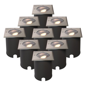 HOFTRONIC Set van 9 Cody LED Grondspots RVS – GU10 4,5 Watt 345 lumen dimbaar – 2700K warm wit – Kantelbaar – Overrijdbaar – Vierkant – IP67 waterdicht