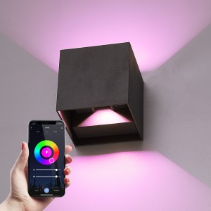 HOFTRONIC SMART Smart WiFi+ Bluetooth LED Wandlamp Kansas – Dimbare kubus – 6 Watt – RGBWW – Up & Down light – IP65 – Zwart – Binnen en buiten